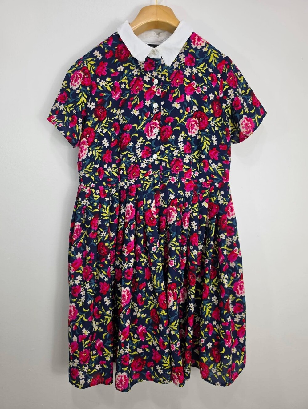 ASOS Navy Dress with Pink & Red Floral Print and White Collar